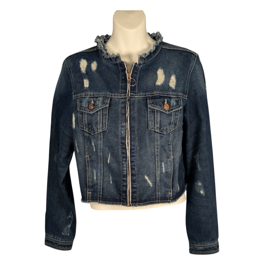 One 5 One Jacket Women's Size Small Blue Distressed Crop Jean Denim With Zipper